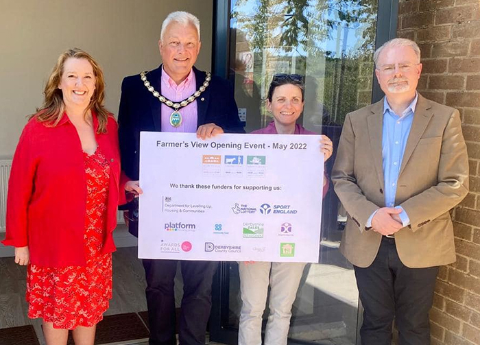 MP Sarah Dines, Mayor Councillor Wain, Marie Schmidt, Neil Moulden standing together outside the Farmer’s View entrance.